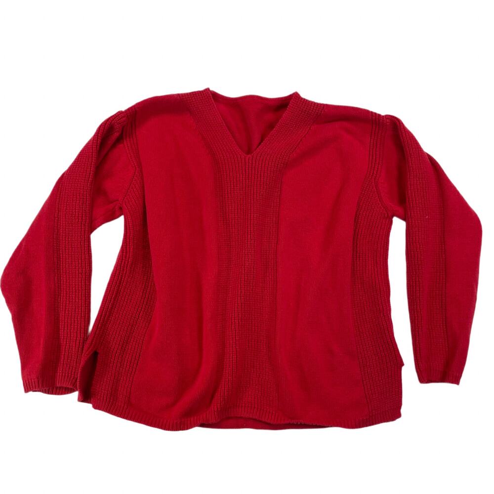 Vintage Talbots Red V-Neck Ribbed Knit Sweater Side Slits Women L Drop Shoulder